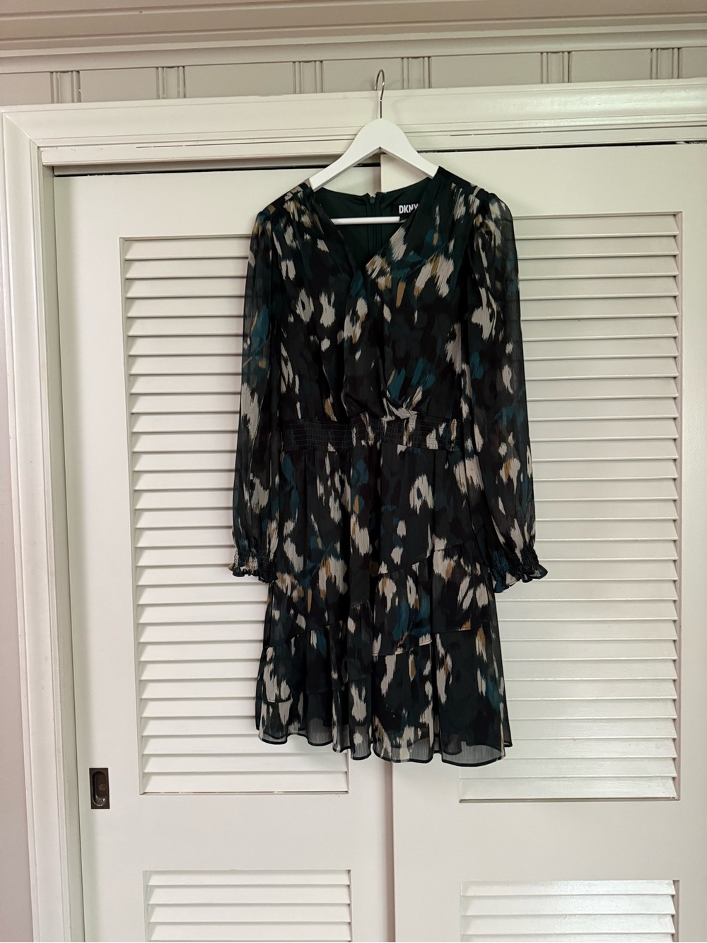 DKNY Black Teal and Cream Print Long-Sleeve Dress